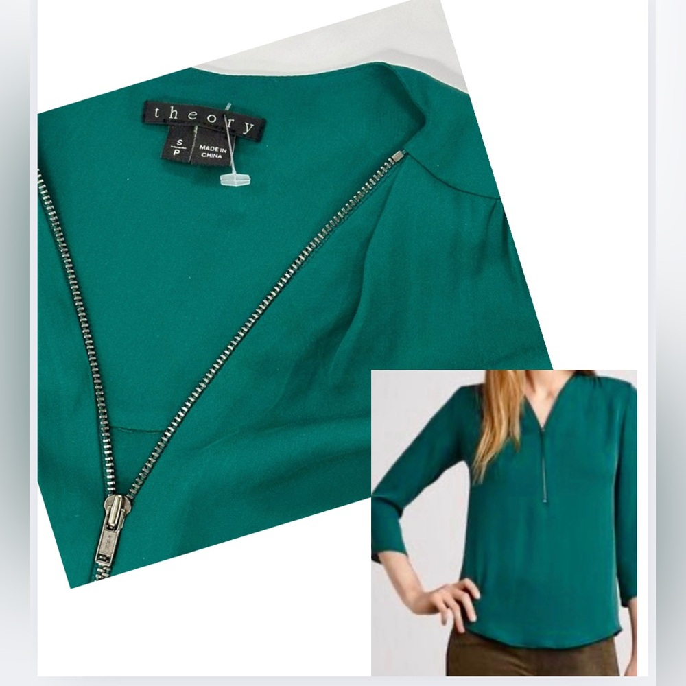 Theory Silk Blouse Women’s Size Small Green Zip Neck Excellent Condition